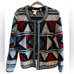 H&M Label Graded Goods Red White Blue Geometric Patchwork Cardigan Sweater Sz L